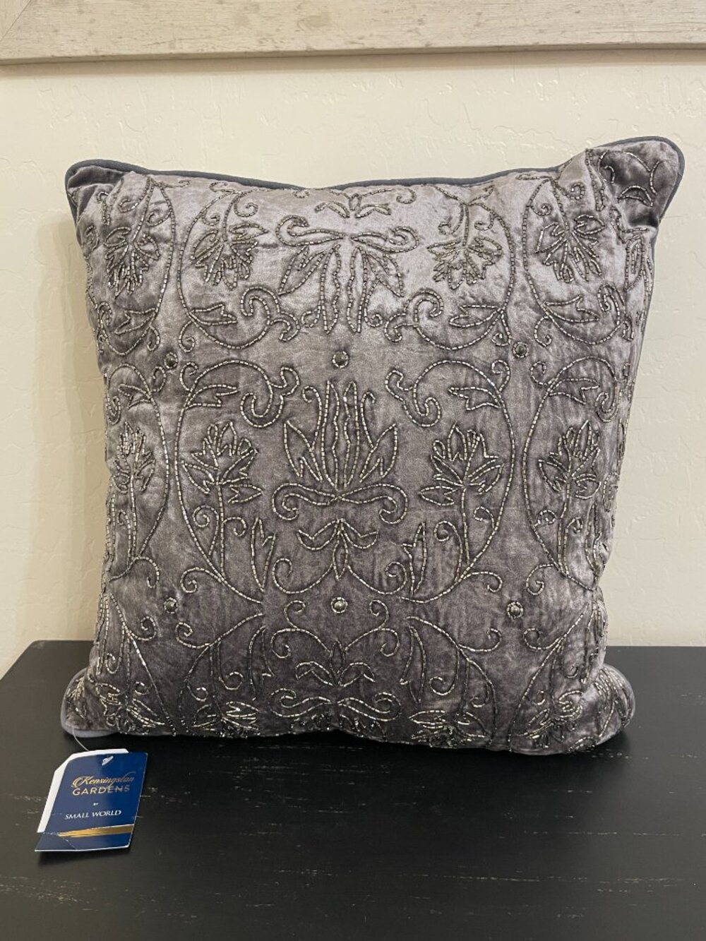 New Kensington Gardens Amelia Velvet Beaded Pillow Gray 20" By Small World Glam